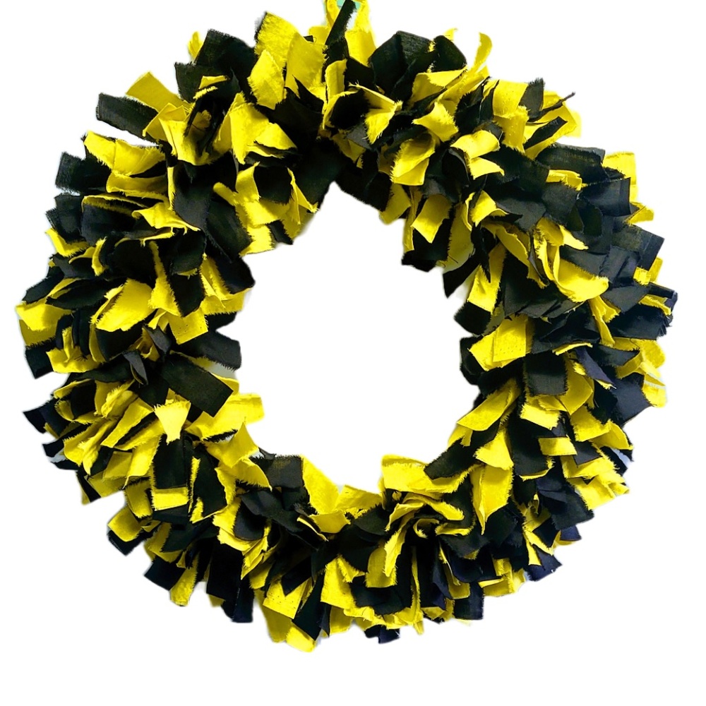 Hand Crafted Black & Yellow Fabric Rag Wreath, Team Colors, Front Door Decor 18"